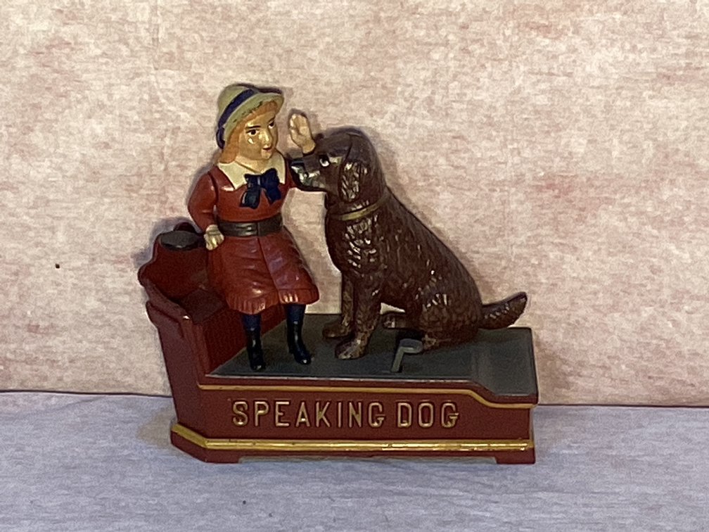 Cast Iron Girl and Dog Bank 7” Wide 