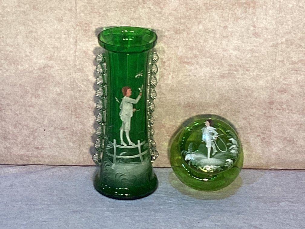 Mary Gregory Glass Set 11” Vase and Powder Box