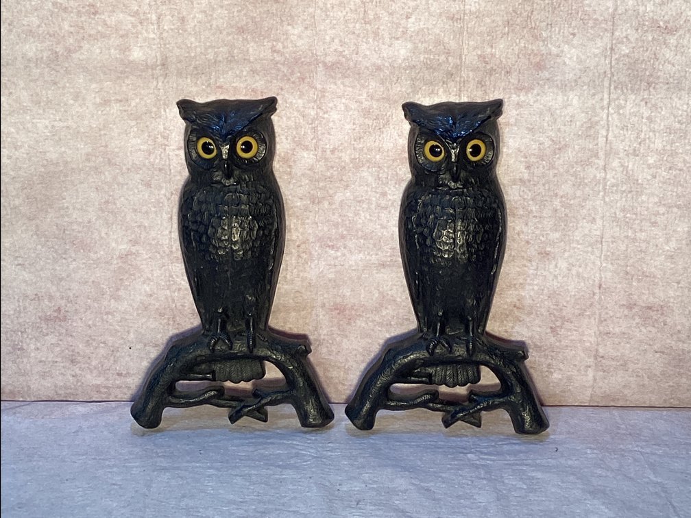 Cast Iron Owl Andirons 16" Tall