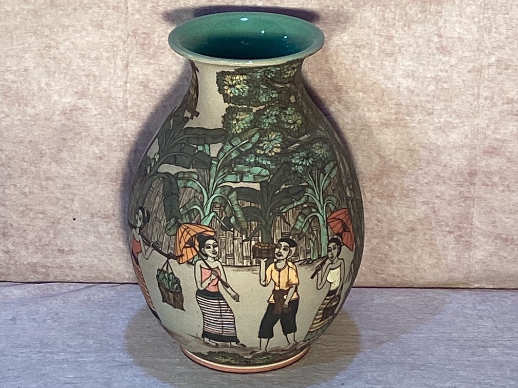 Oriental Vase Signed by Brian Celadon 13” Tall 