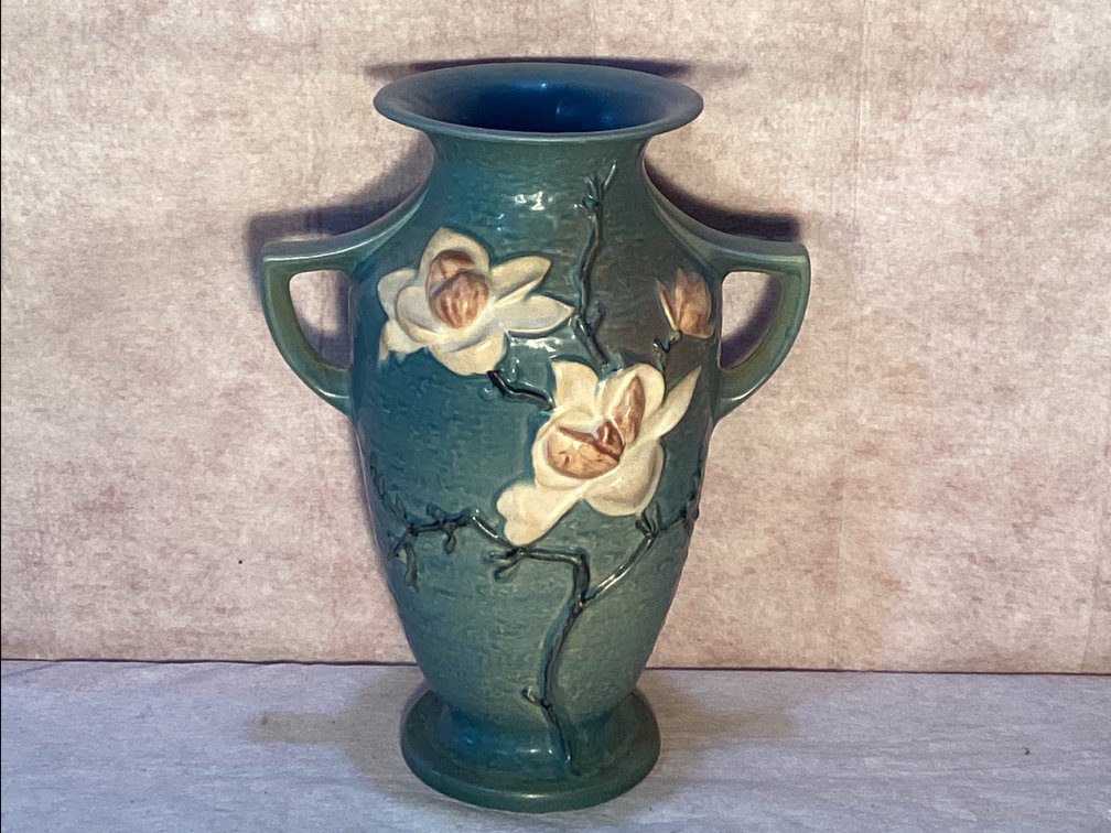 Roseville Blue Magnolia Double Handel Vase 22” Tall