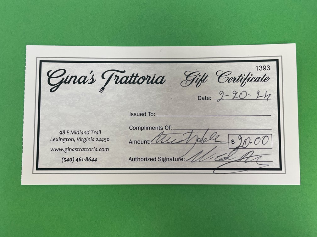 Gina’s Trattoria gift certificate 