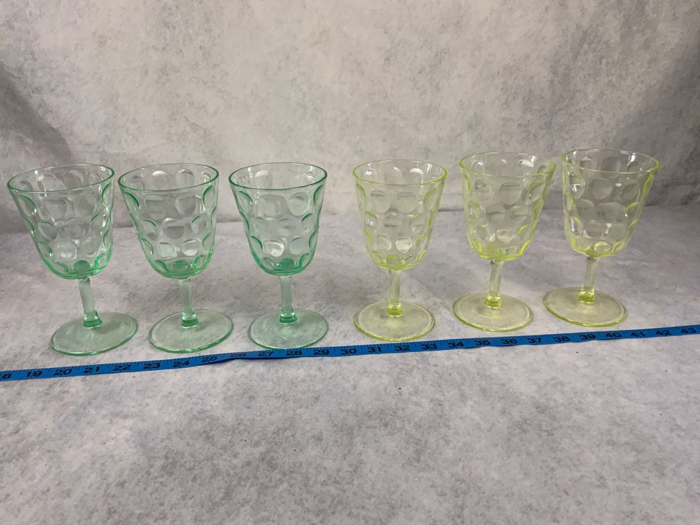 Six Green and Yellow Glass Goblets