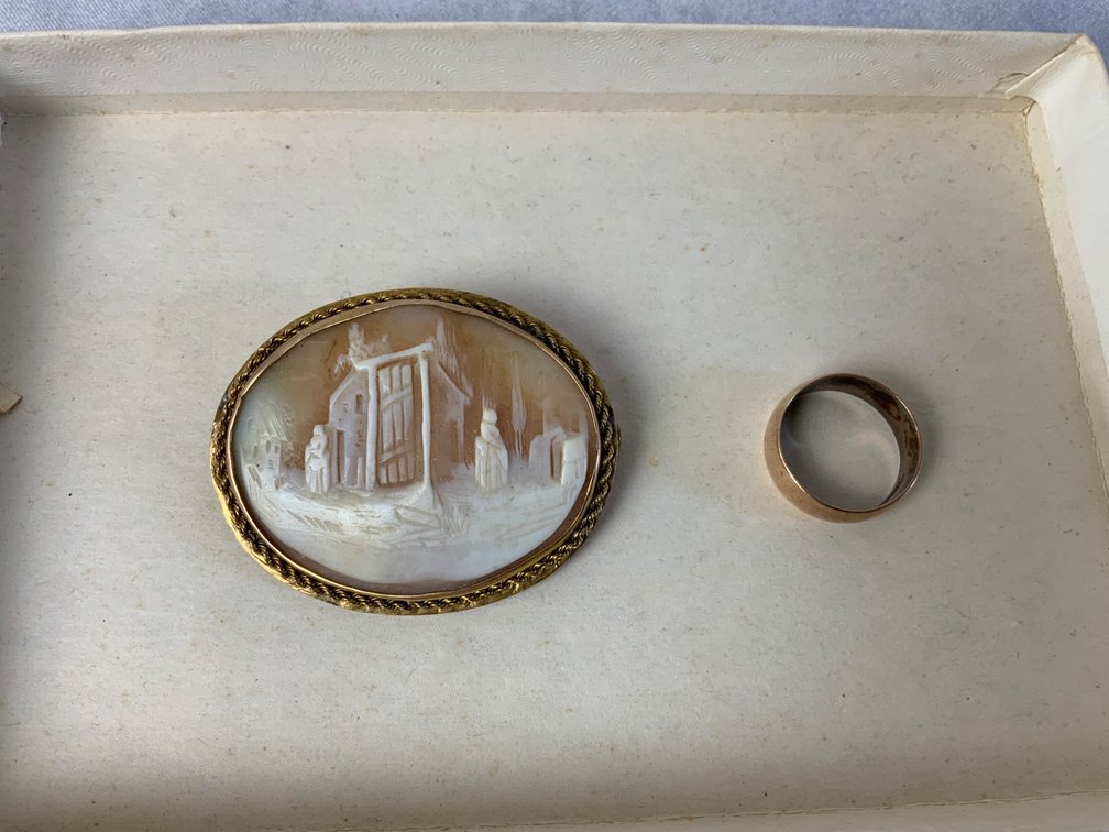 Shell Cameo Brooch and Gold-Toned Band Ring