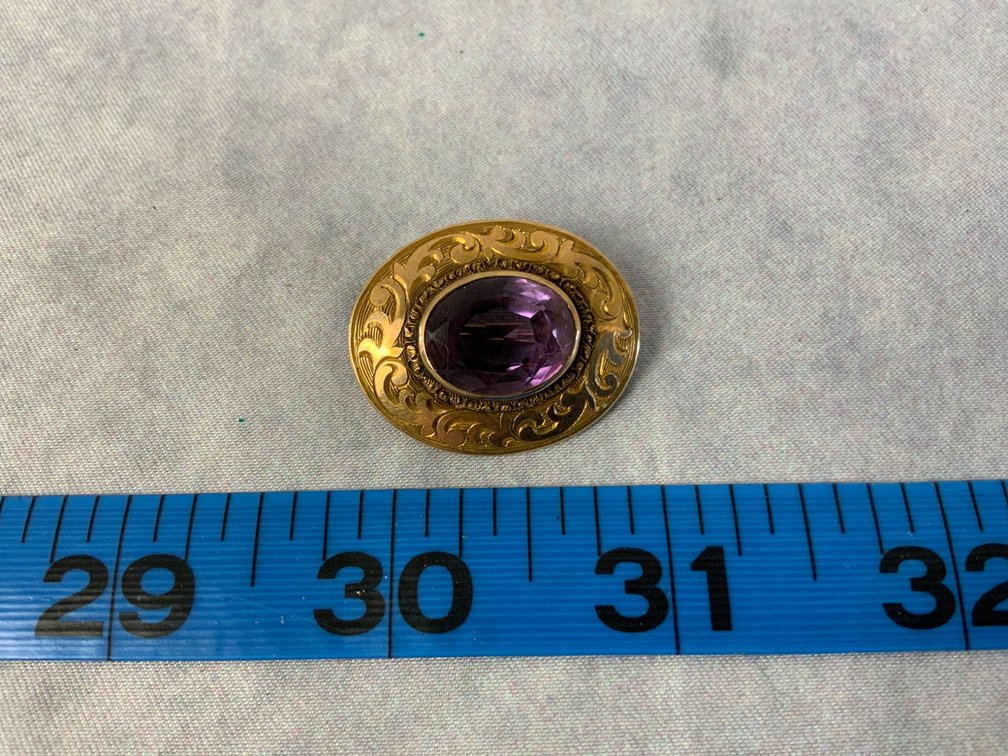 Gold-Tone Brooch with Purple Stone, Unmarked