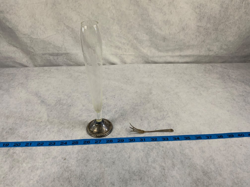 Etched Glass Vase with Silver Base and Fork