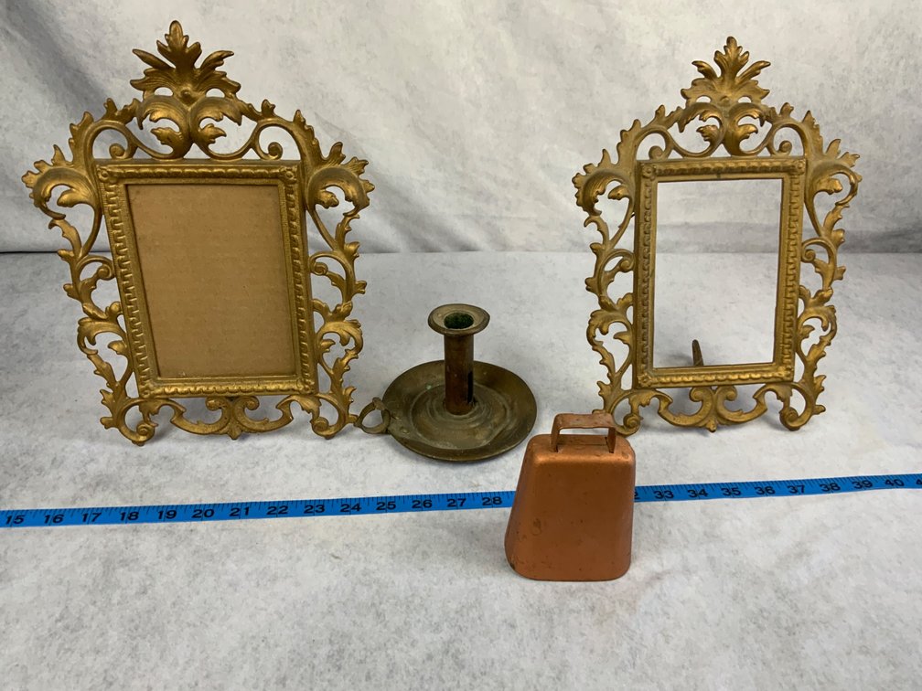 Two Gilt Frames, Brass Candlestick, and Copper Bell
