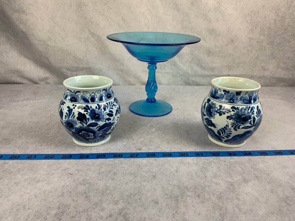 Two Delft Vases and a Blue Glass Compote