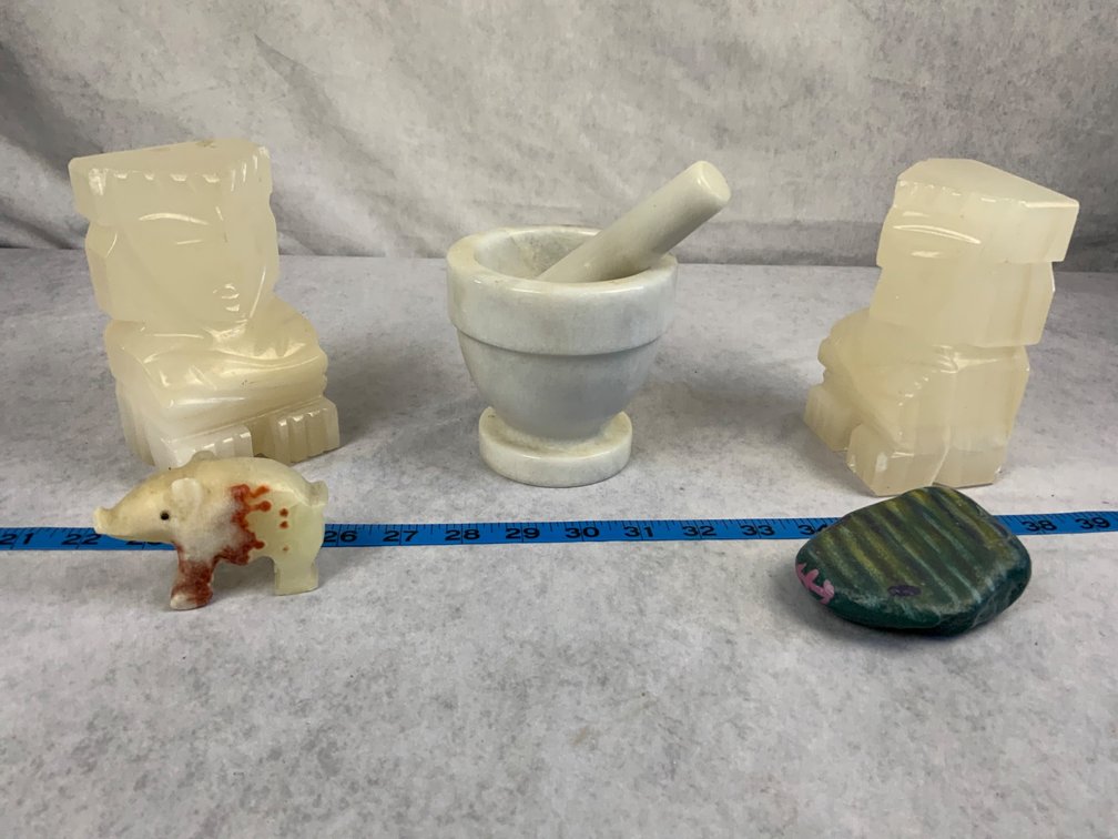 Alabaster Figurines, Stone Pestle Mortar, and Carvings