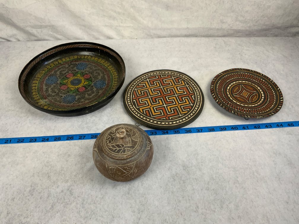 Hand-Painted Wooden Plates and Lidded Bowl