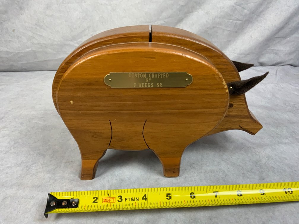 Handcrafted Wooden Piggy Bank by F Weeks Sr