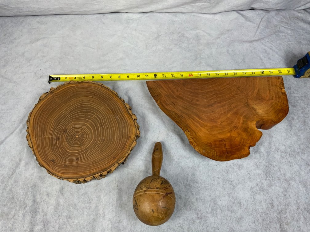 Cherry Wood Slab, Vintage Dumbbell, and Board