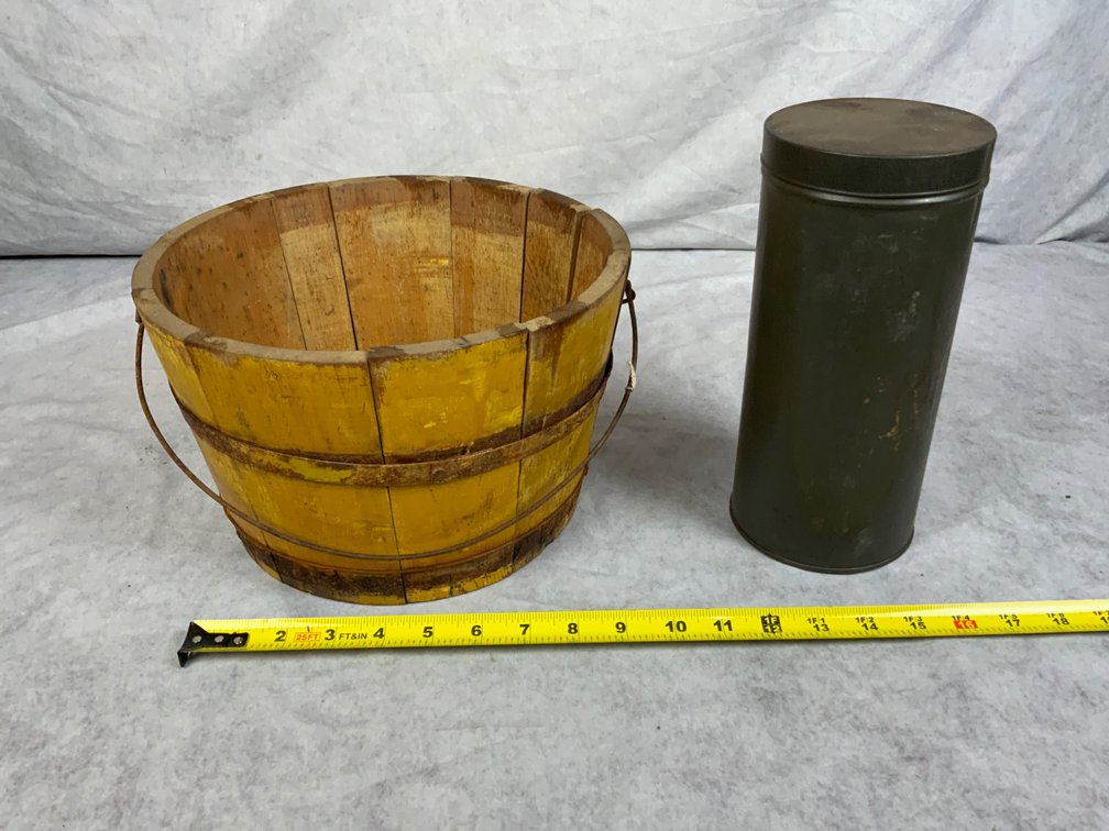 Antique Wooden Bucket and Green Canister