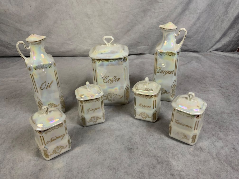 7 Lustreware Canisters and Cruets