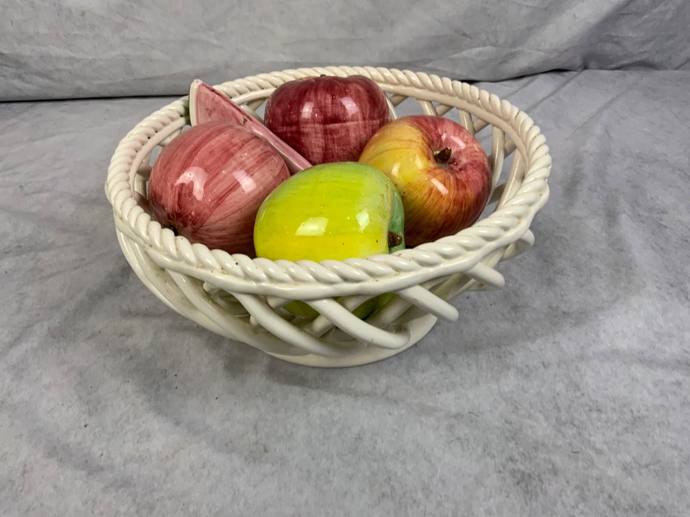 White Ceramic Basket with Fruit Decor