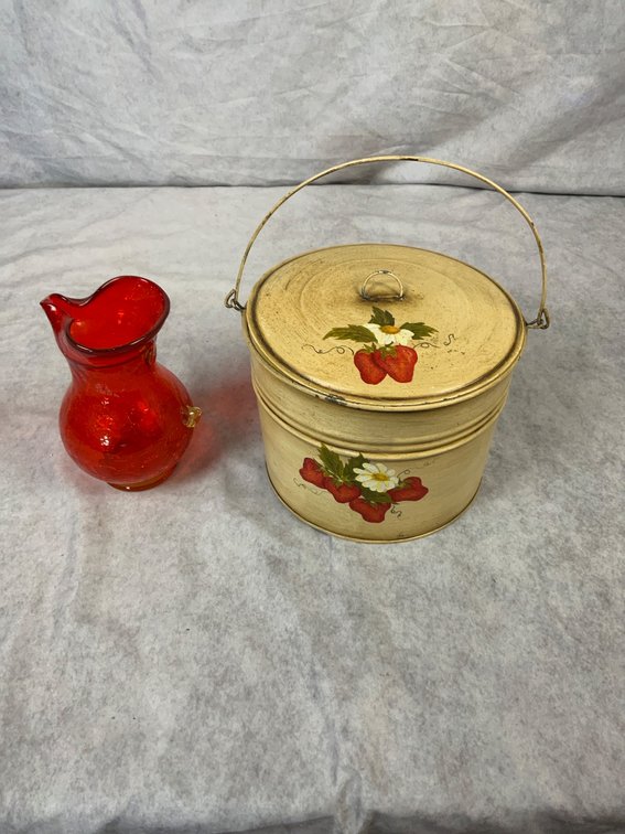 Orange Crackle Glass Vase and Metal Tin