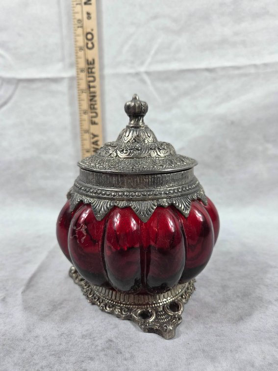 Ruby Red Covered Trinket Bowl With Metal Details