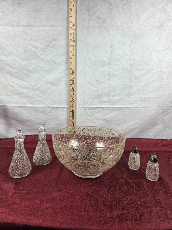 Speckled Glass Bowl, Salt Shakers, and Cruet Set