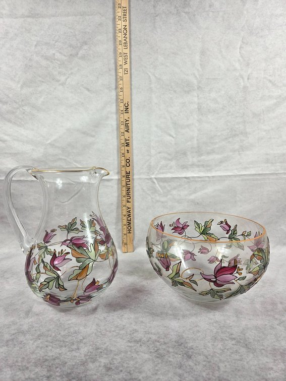 Glass Pitcher and Bowl with Floral Design
