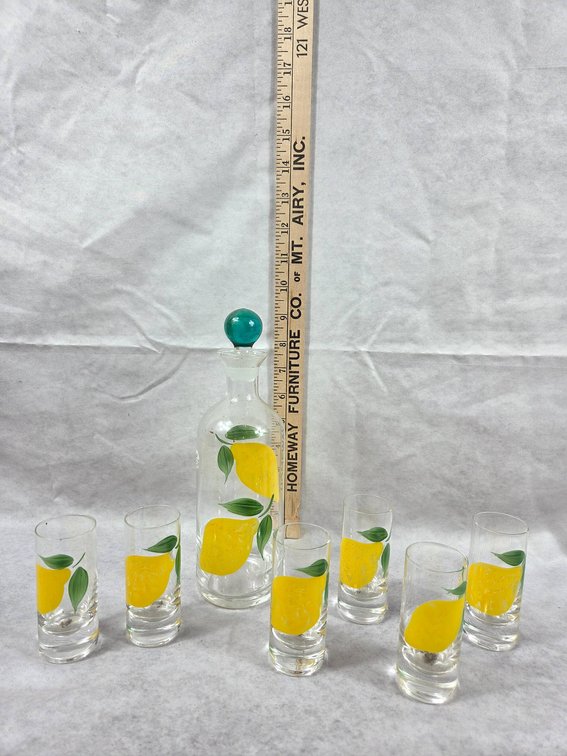 Italian Glass Decanter and Six Lemon Glasses