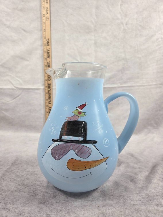 Glass Pitcher with Snowman Face Design