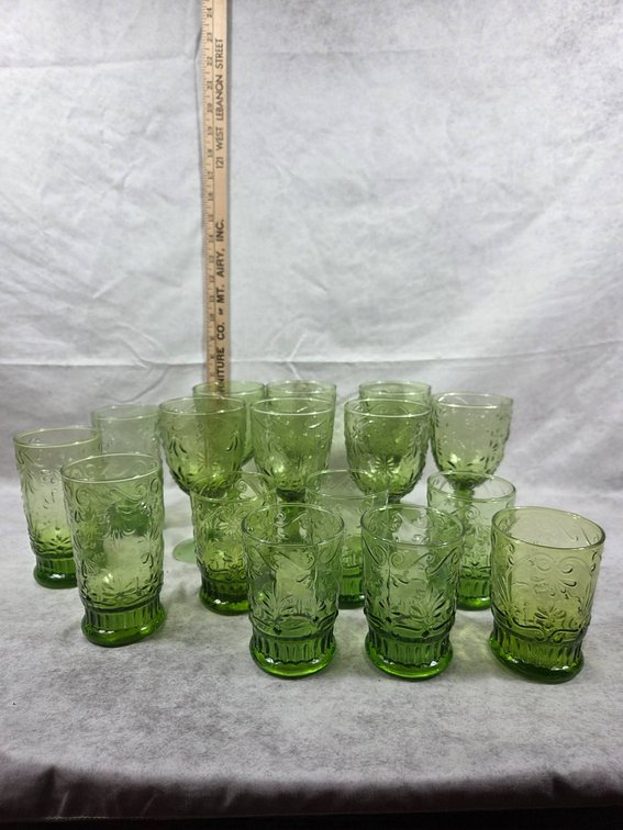 16 Matching Green Glass Tumblers and Goblets