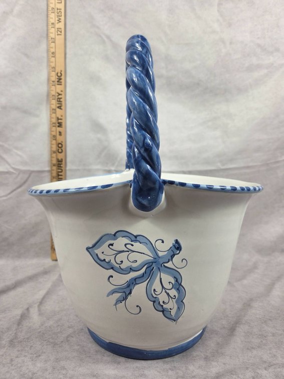Ceramic Blue and White Twisted Handle Basket