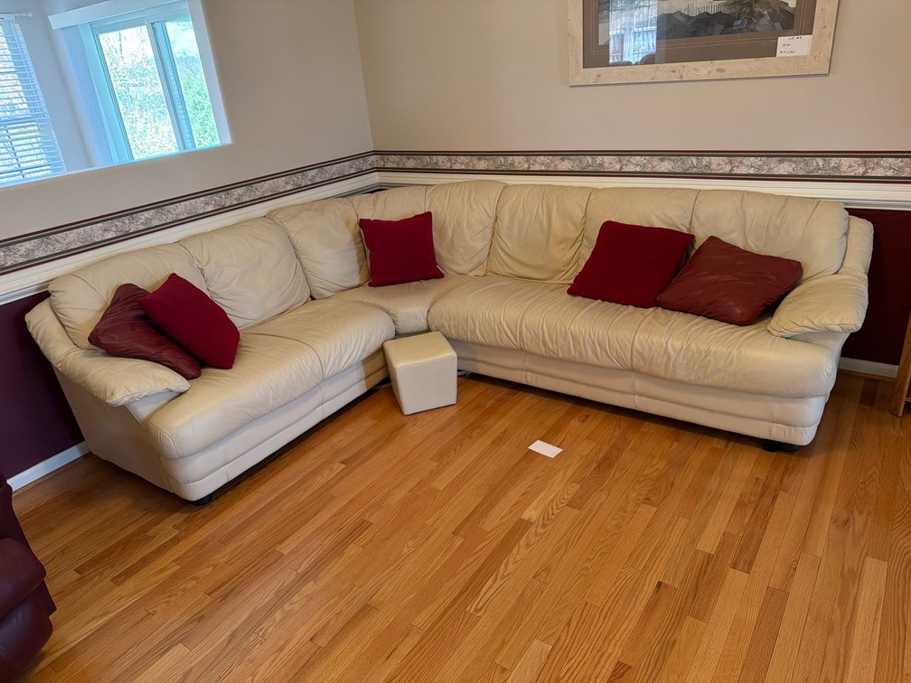 Cream Leather Sectional Sofa with Ottoman