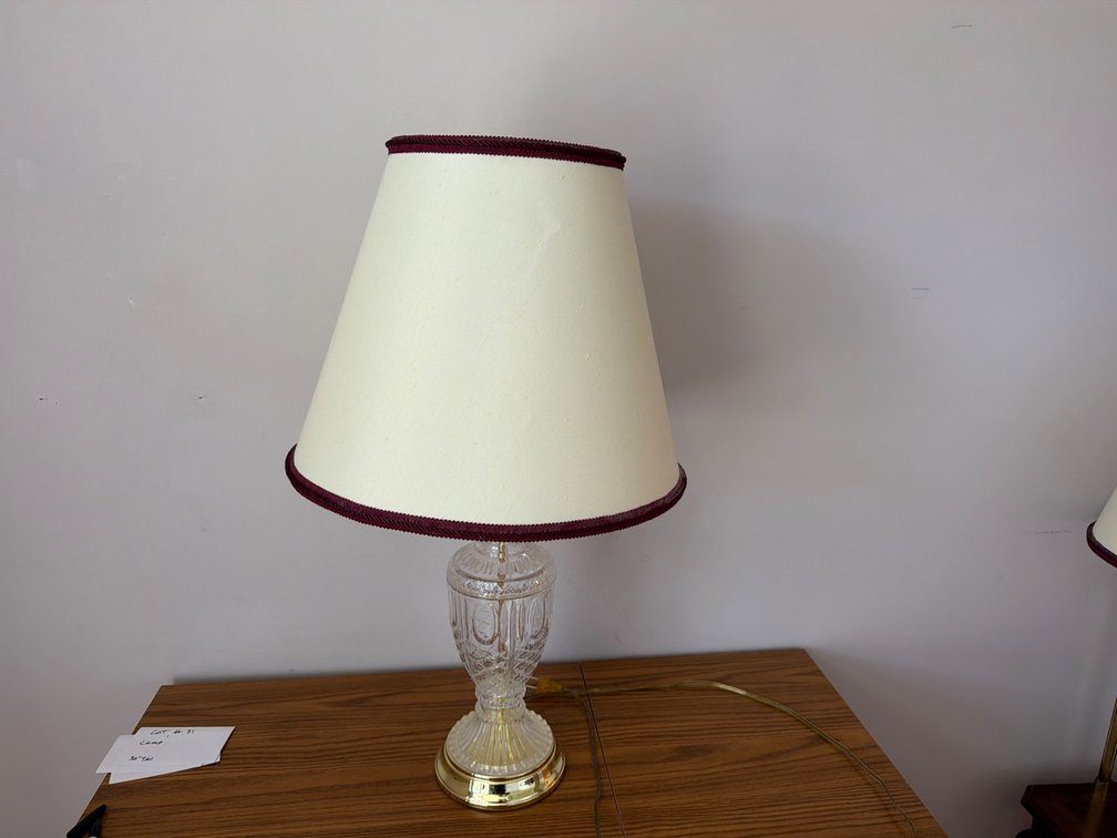 Glass and Brass Table Lamp with Shade, 30” Tall