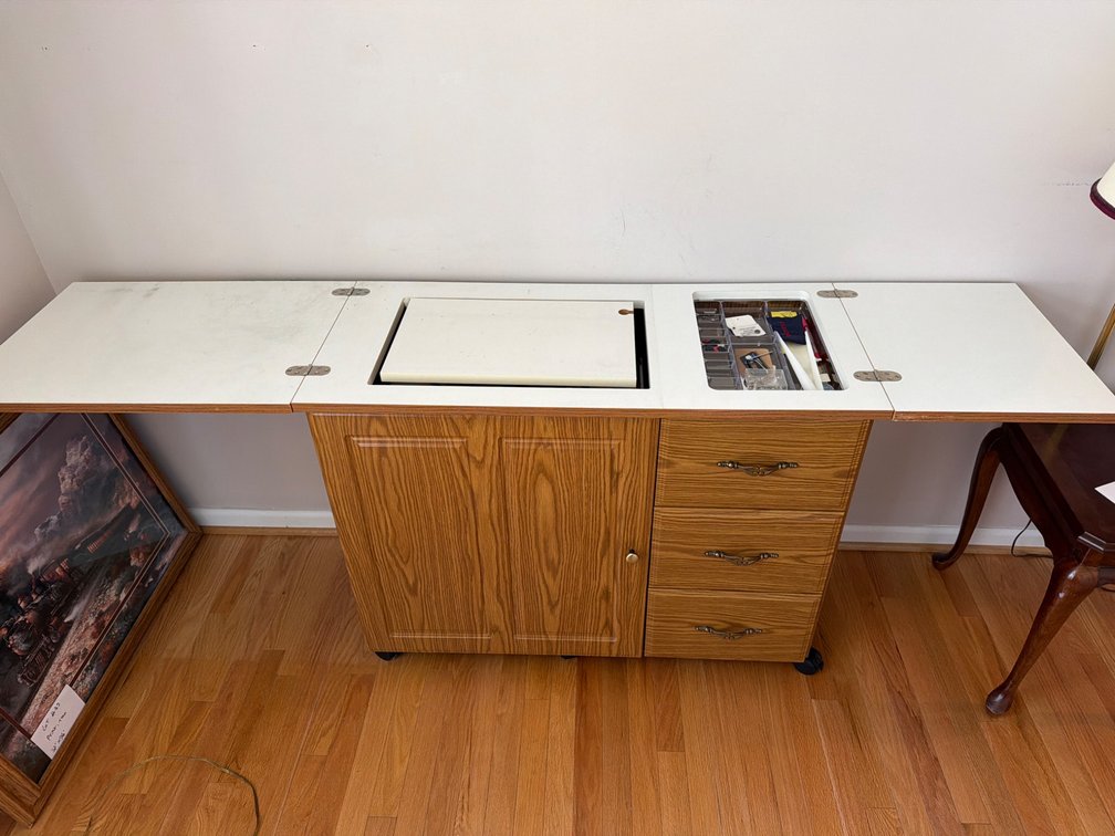 Wooden Sewing Table with Hinged Top, 39”x18”