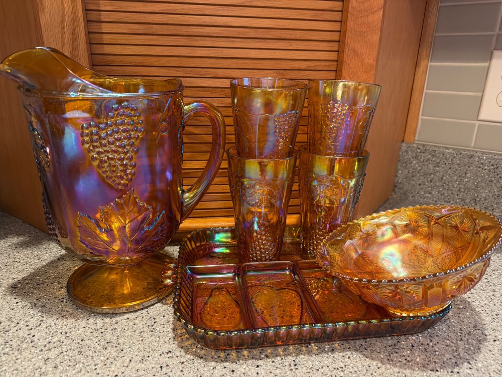 Iridescent Carnival Glass Pitcher Set