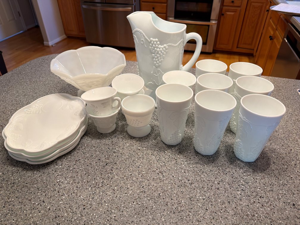 Milk Glass Dinnerware Set with Grape Pattern