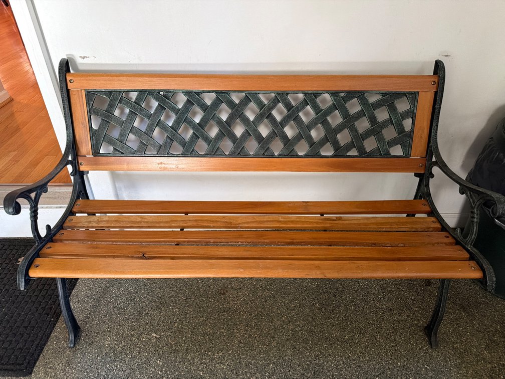 Wood and Cast Iron Bench with Lattice Back