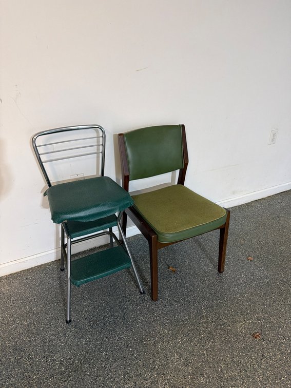 Vintage Chrome Step Stool and Wooden Chair Set