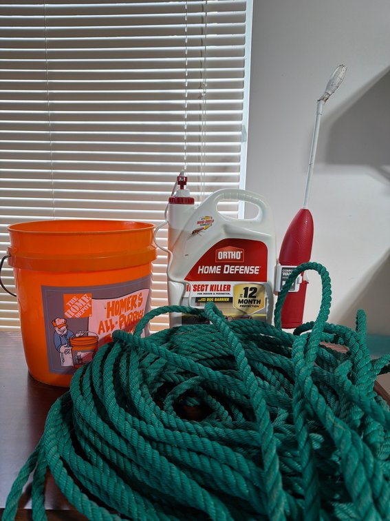 Home Utility Items Lot: Bucket, Rope, Insect Killer