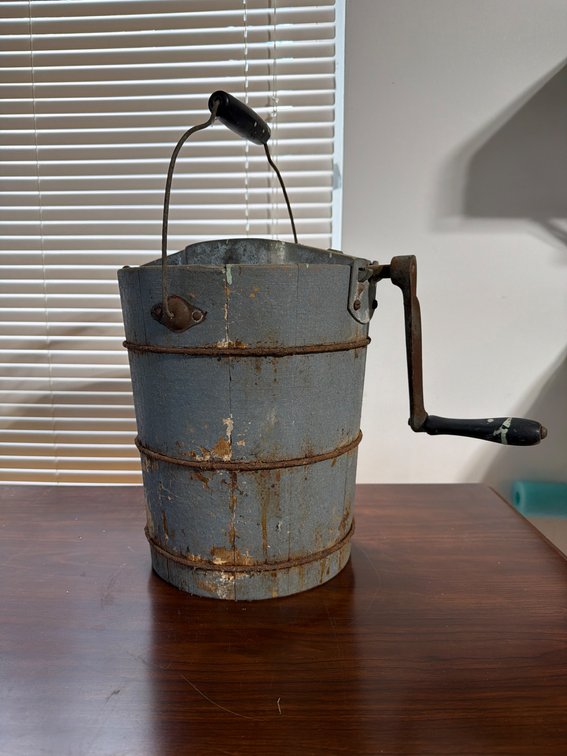 Metal and Wood Hand-Crank Ice Cream Maker