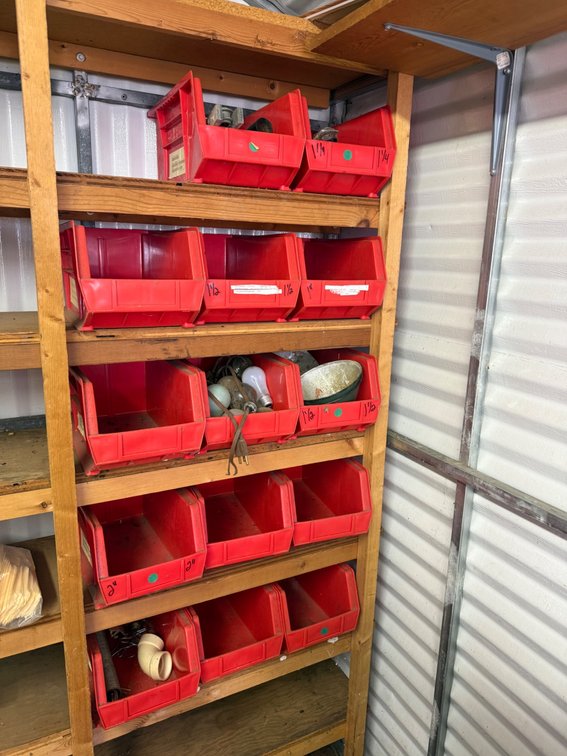 Red Storage Bins with contents 
