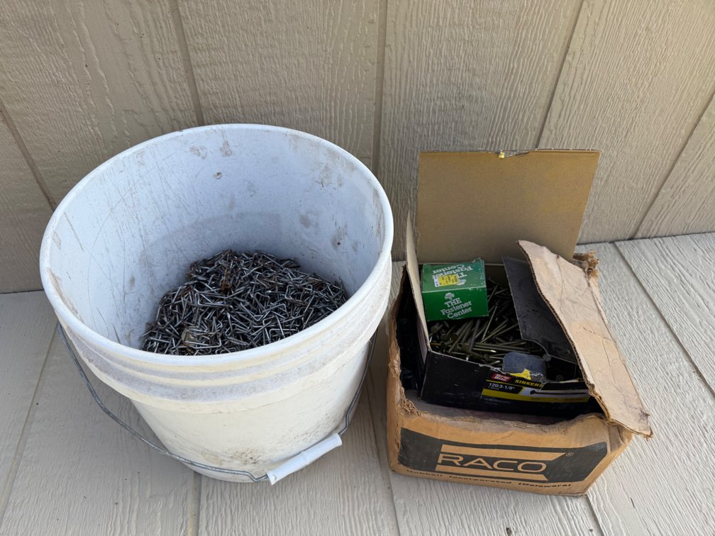Bucket of Staples and Box of Nails