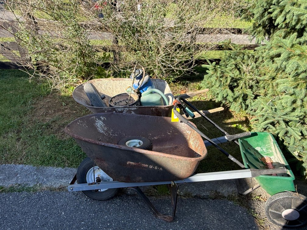Two Steel Wheelbarrows and Scotts Seed Spreader