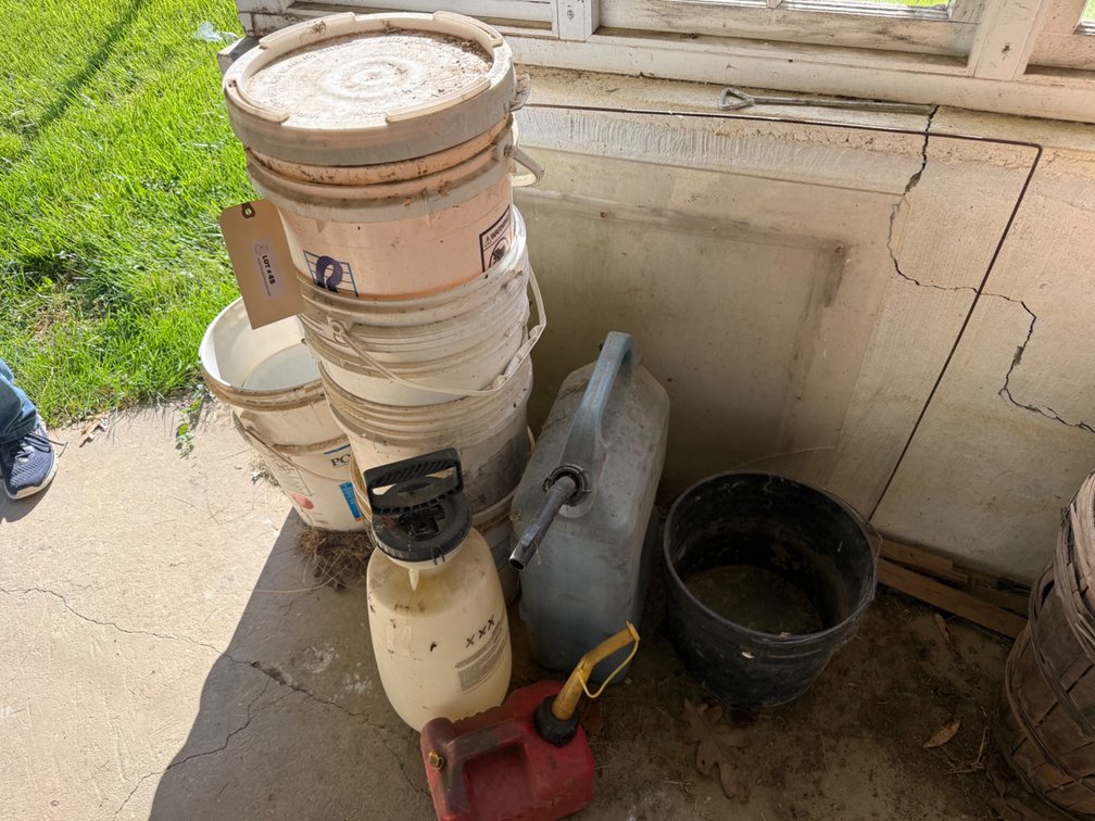 Buckets, Sprayer, and Gas Cans