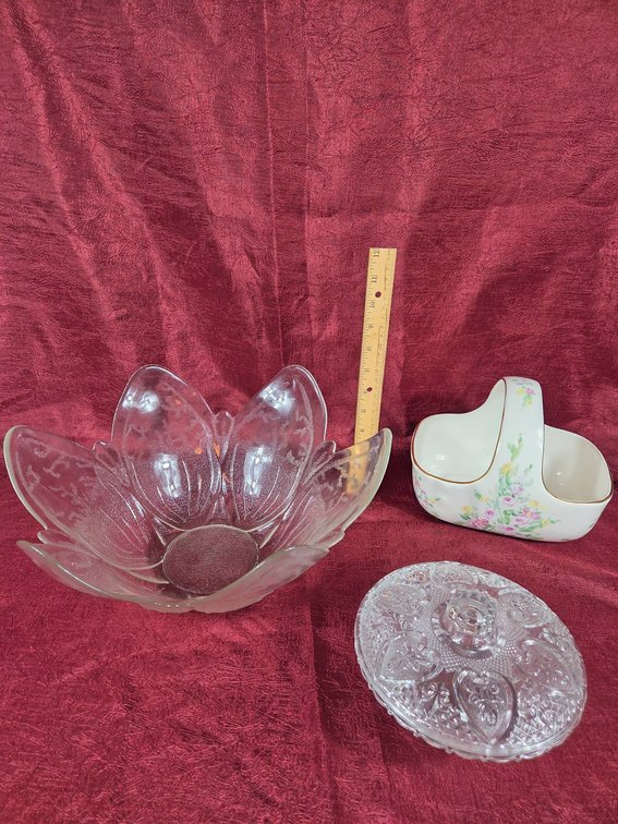 Glass Bowl, Porcelain Basket, Candy Dish Set