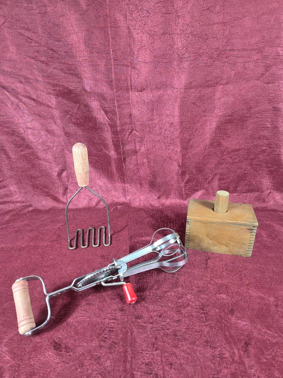 Vintage Potato Masher, Egg Beater, and Butter Mold