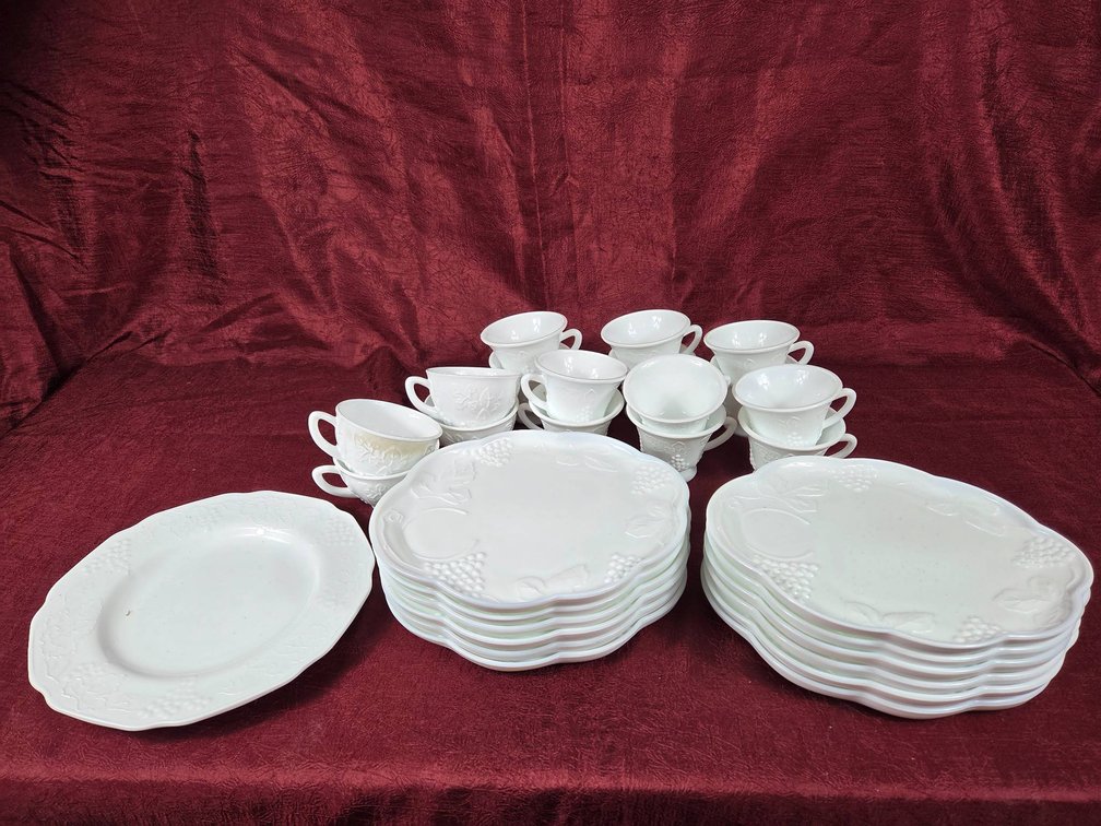 Milk Glass Cups and Snack Trays, and Plate