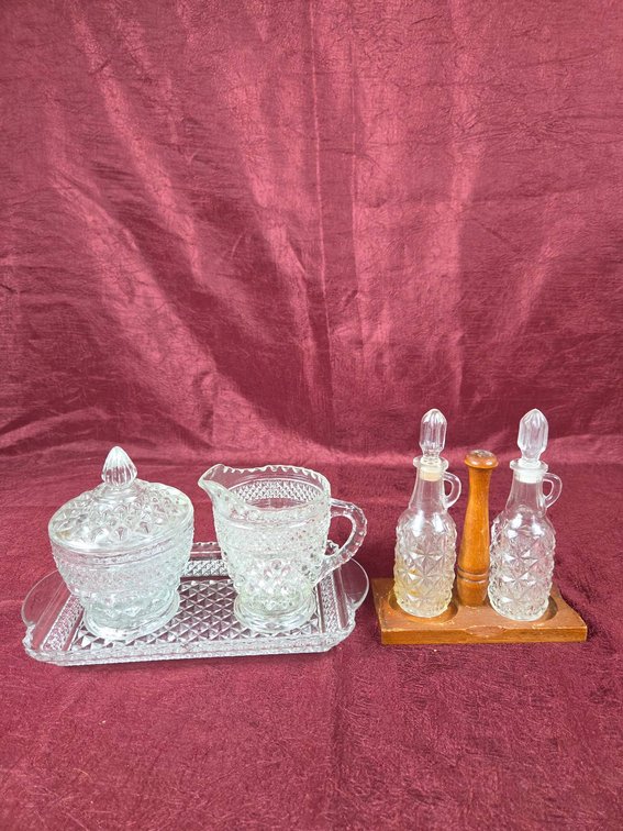 Pressed Glass Cream, Sugar, and Cruet Set