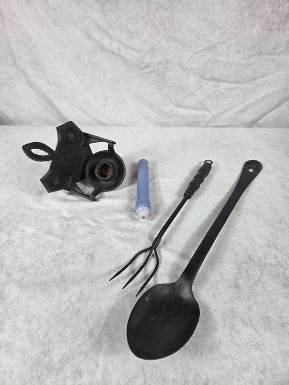 Cast Iron Spoon, Fork, and Candle Holder Set