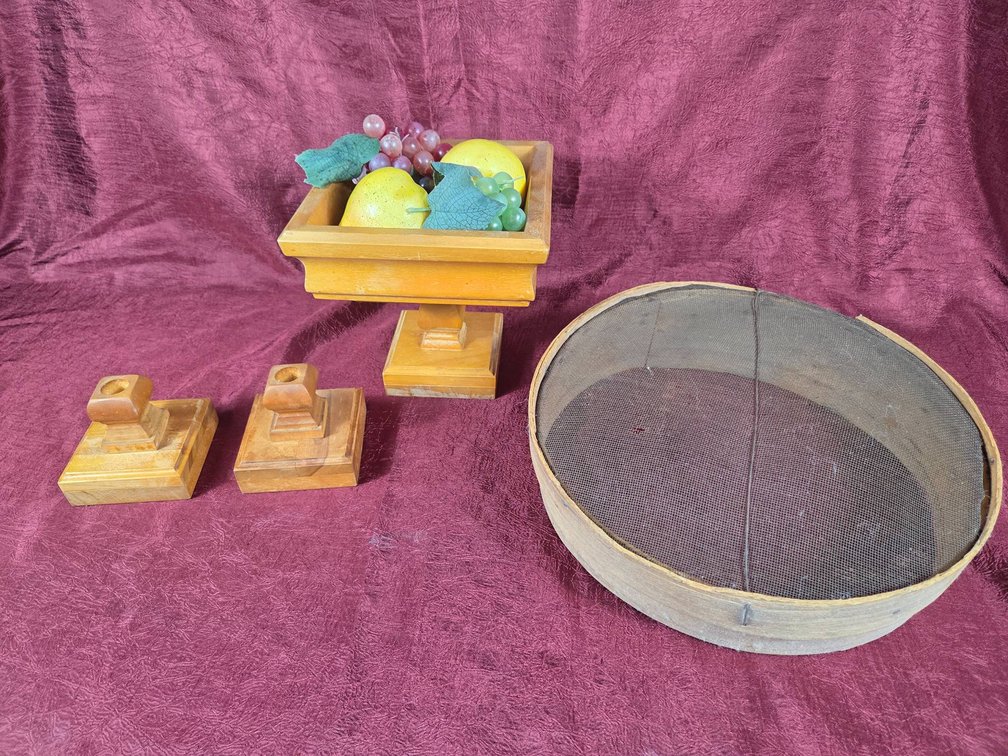 Wooden Fruit Bowl, Candle Holders, and Sifter