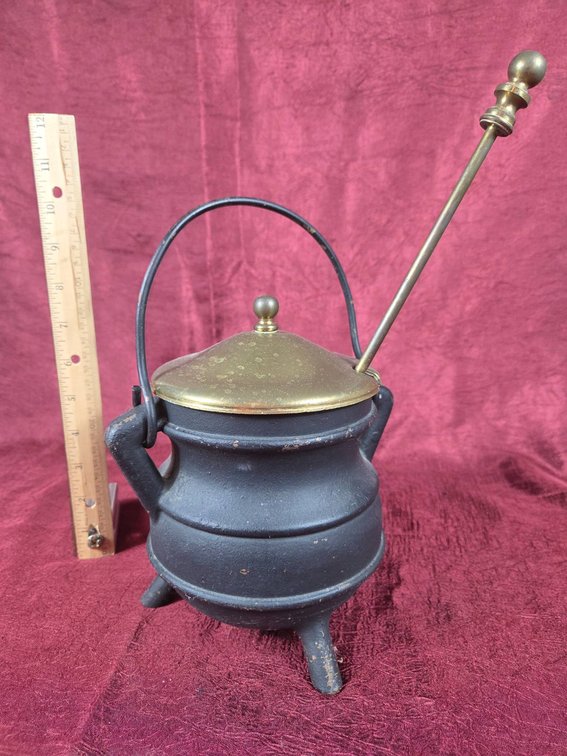 Vintage Cast Iron Fire Smudge Pot with Brass Lid