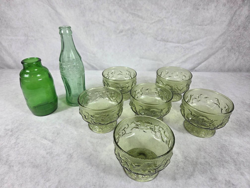 Vintage Green Coke Bottle, Jar, and Sherbet Dishes