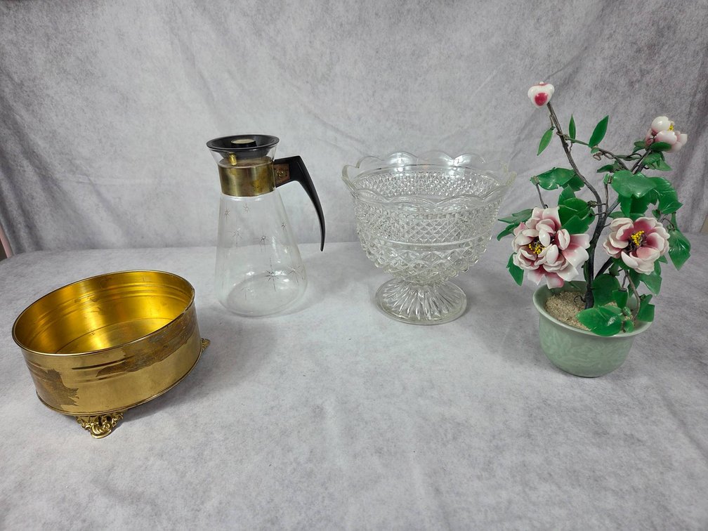 Cut Glass Bowl, Footed Bowl, and Cruet Set