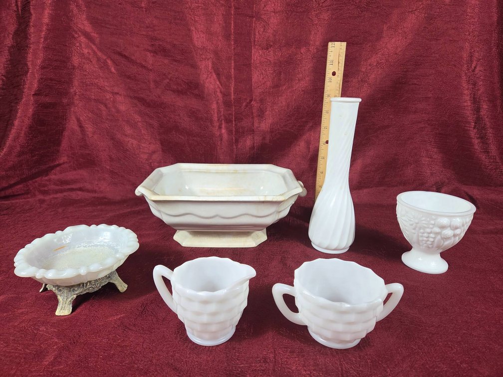 Milk Glass Sugar, Creamer, Vase, and Assorted Items